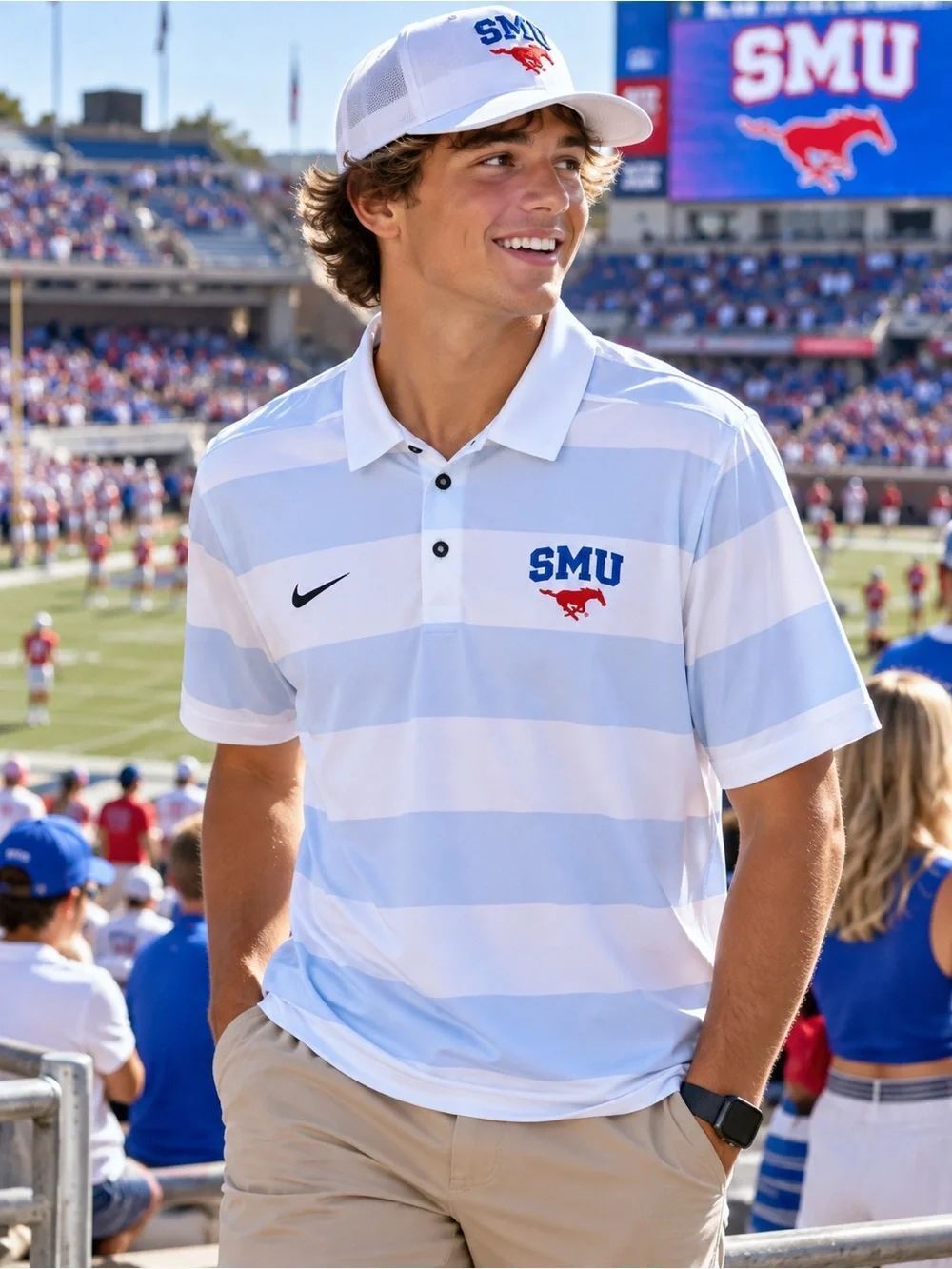 Nike Dr-Fit SMU Mustangs Southern Methodist Blue/White Striped Polo Shirt M EUC